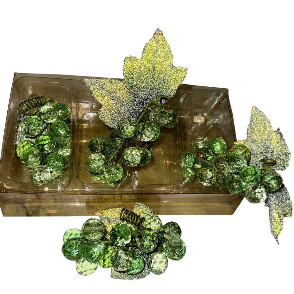 4 NEW Vintage Acrylic Faceted Green Ombré Grapes Cluster Decor Sugared Leaves